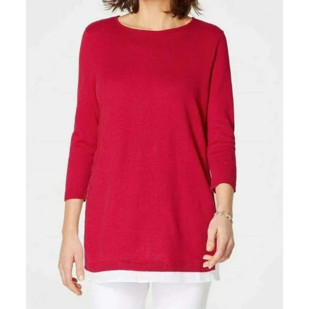 NWT J. Jill Linen Blend Red Sweater Size XL 3/4 Sleeve Scoop Neck White Contrast